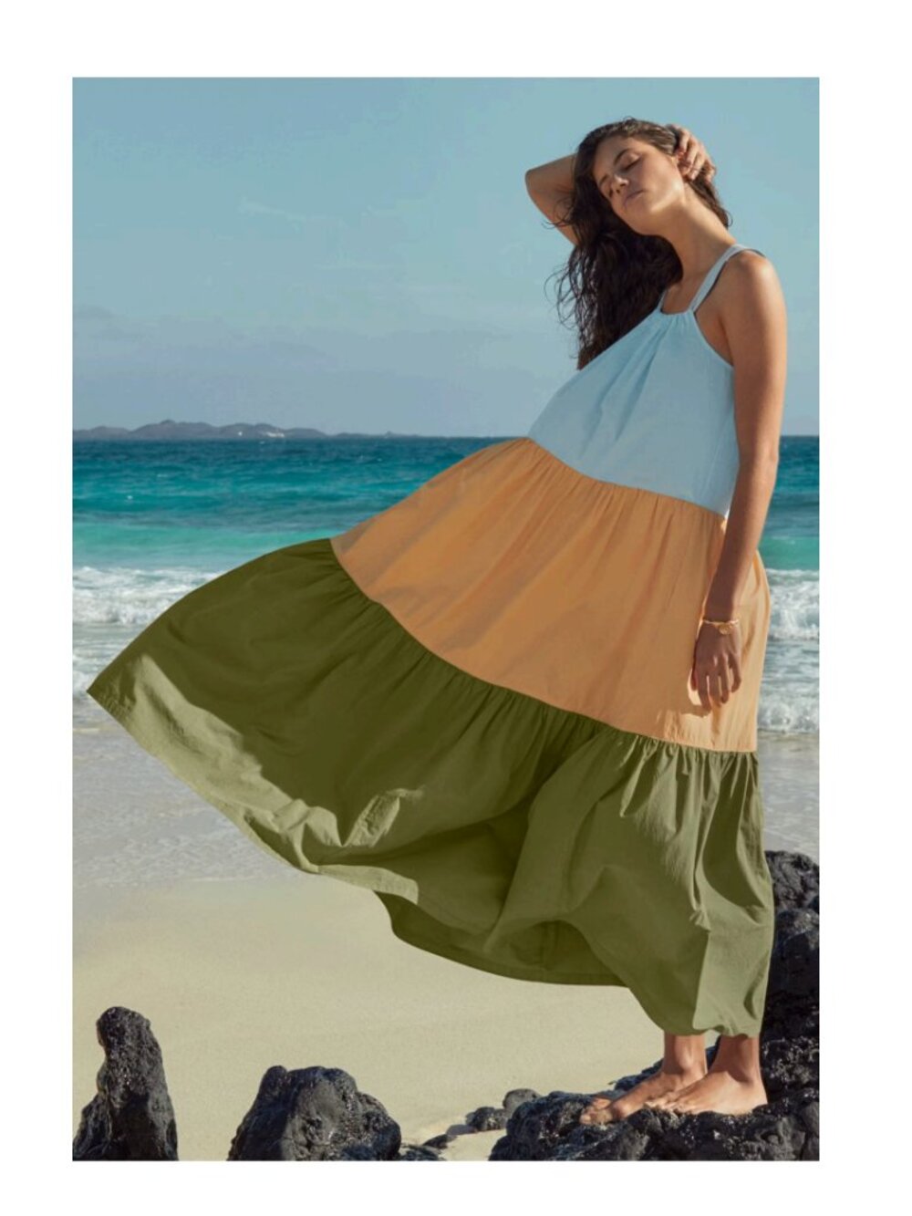 Wrap London Euro Vacation Cotton Color-Block Tiered Maxi Dress Organic Cotton